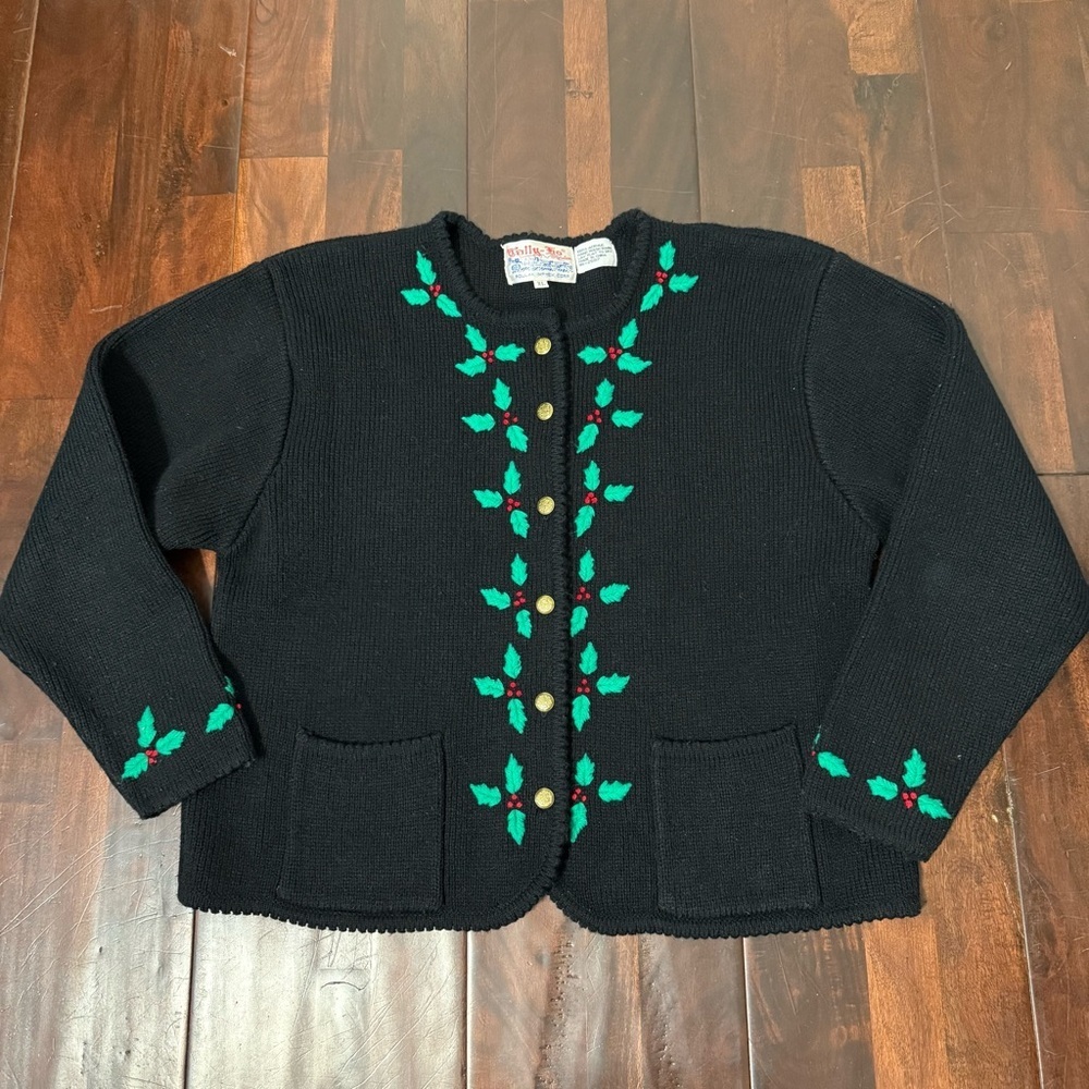 Vintage Tally-Ho Cardigan Christmas Sweater Womens XL Holly Leaves & Berries